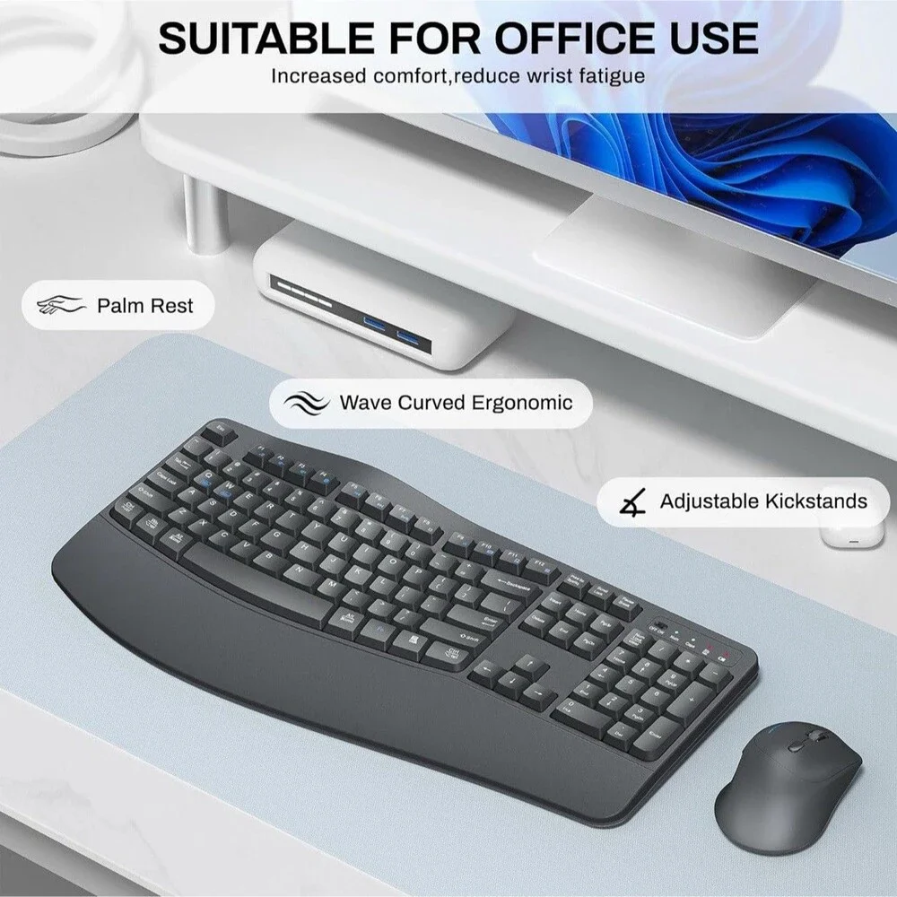 Wireless Keyboard and Mouse Combo,2.4G Full Size Wave Keys Ergonomic Keyboard